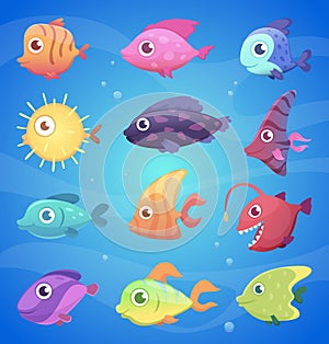 Colorful cartoon fish. Funny underwater animals with big eyes ocean and sea life vector illustrations