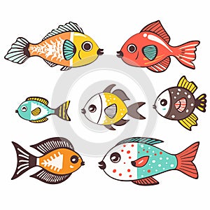 Colorful cartoon fish illustration isolated white background. Set tropical fish various patterns