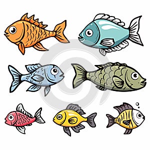Colorful cartoon fish illustrations, diverse fish species charming cute aquatic life. Vibrant