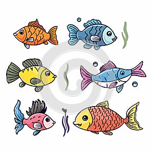 Colorful cartoon fish species swimming underwater, aquatic life. Handdrawn tropical fish, clear