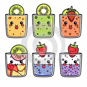 Colorful cartoon fruit smoothies cute faces, glass topped piece fruit. Six different smoothie photo