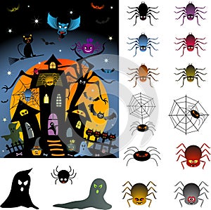 Colorful cartoon halloween symbols and poster for spooky decor