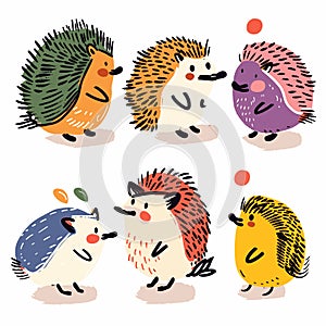 Colorful cartoon hedgehogs illustrated various poses expressions, playful handdrawn style