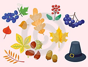 Colorful cartoon icons for thanksgiving day holiday vector turkey design leaf season celebration