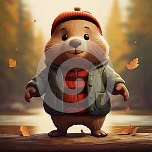 Colorful Cartoon Illustration Of A Beaver Wearing Sweaters