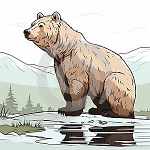 Colorful Cartoon Illustration Of A Grizzly Bear By The River