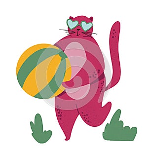 Colorful cartoon illustration of pink cat wearing sunglasses, holding beach ball. Isolated scandinavian cartoon illustration of