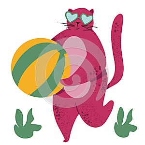Colorful cartoon illustration of pink cat wearing sunglasses, holding beach ball. Isolated scandinavian cartoon illustration of