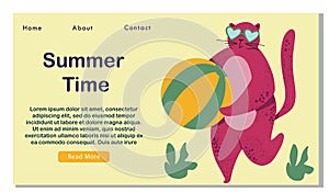 Colorful cartoon illustration of pink cat wearing sunglasses, holding beach ball. Summer time landing, banner summer vacation and