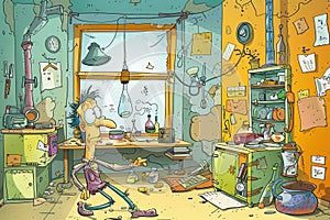 Colorful cartoon illustration of a quirky scientist's cluttered lab, full of haphazard gadgets and bubbling photo