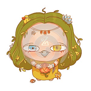 Colorful cartoon little forest fairy character. Hand drawn illustration of pretty magic creature. Fantasy spirit