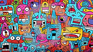 Colorful cartoon monsters in a crowded, vibrant pattern,. Generated AI
