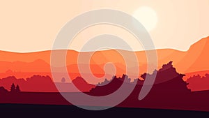 Colorful cartoon nature background. Animation of nice red sunset background with some clouds and mountains landscape
