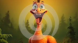 Colorful Cartoon Ostrich On Hill With Expressive Eyes