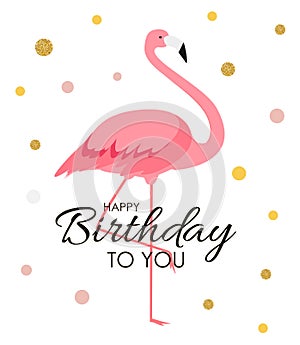 Colorful cartoon Pink Flamingo on a beautiful background greeting card for birthday greetings.  Illustration