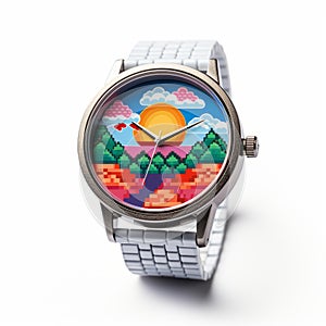 Colorful Cartoon Pixelated Watch With Landscape Design