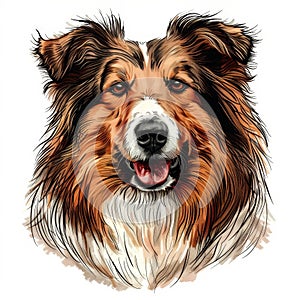 Colorful cartoon red collie rough dog close up front view portrait on white background