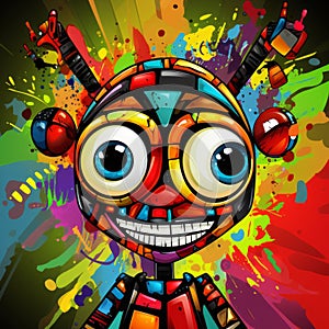 Colorful Cartoon Robot With Grotesque Caricatures And Aztec Art