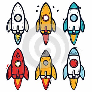 Colorful cartoon rockets, space vehicles, handdrawn spacecraft exploring cosmos. Six stylized