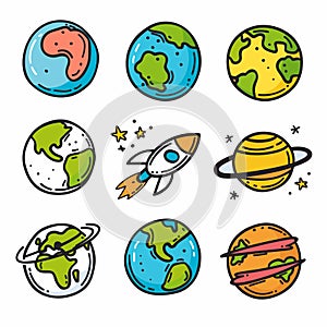 Colorful cartoon space icons including various planets, rocket, planet ring, artistic handdrawn