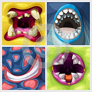 colorful cartoon style monsters mouths in set