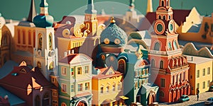 Colorful Cartoon-Style Russian Town with Cozy Houses and Onion-Shaped Towers