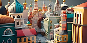 Colorful Cartoon-Style Russian Town with Cozy Houses and Onion-Shaped Towers