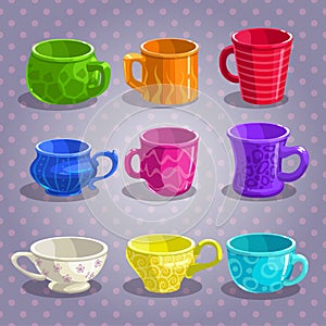 Colorful cartoon tea cups set