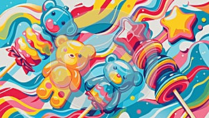 Colorful Cartoon Teddy Bears and Candy Illustration