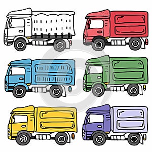 Colorful cartoon trucks collection, various colors, delivery vehicles. Handdrawn style trucks