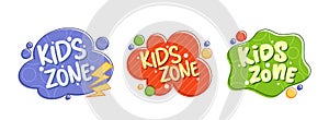 Colorful Cartoon Vector Kid Zone Logos Featuring Playful Designs In Blue, Red, And Green With Bold Text And Fun Elements photo