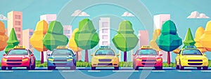 Colorful Cartoonish Cars Parked Under Geometric Trees