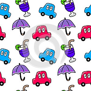 Colorful cartoons cars, umbrella, drinks seamless repeat pattern background.  Illustrators drawing