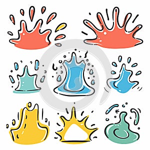 Colorful cartoonstyle splash shapes, various liquids splattering, vibrant splashes. Handdrawn