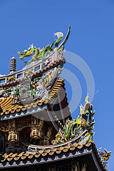 Colorful carvings on roof of Japanese temples