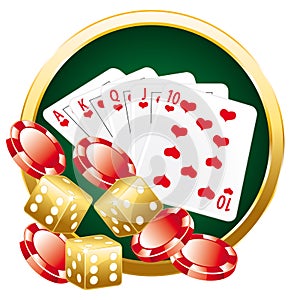 Colorful casino composition. Vector icons set. Golden illustration. Hearts royal flush.