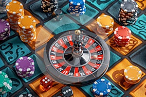 Colorful Casino Gaming Chips with Roulette Wheel and Dice on Vibrant Table Gambling and Betting Concept