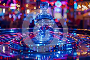 Colorful Casino Lights Reflecting on Glass Roulette Wheel in Nightlife Setting