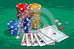Colorful Casino Poker Chips Stack and Royal Flush Playing Cards on Vibrant Green Background Illustration