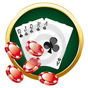 Colorful casino poker composition. Vector icon. Golden illustration II. Clubs royal flush.