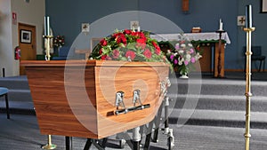 A colorful casket in a hearse or chapel before funeral or burial at cemetery