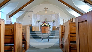 a colorful casket in a hearse or church before funeral