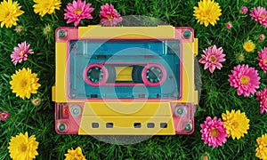 colorful cassette tape lies on bed vibrant yellow and pink flowers, surrounded by lush green foliage. photo