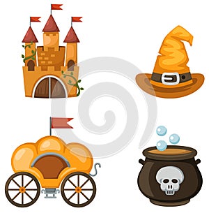 Colorful castle,carriage,witch hat,witches cauldron