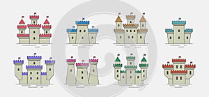 Colorful castles and fortresses icons set