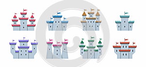 Colorful castles and fortresses icons set