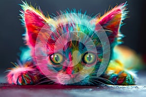 Colorful cat with green eyes laying on the ground. Generative AI