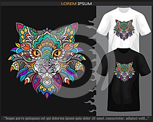 Colorful cat head mandala arts isolated on black and white t shirt