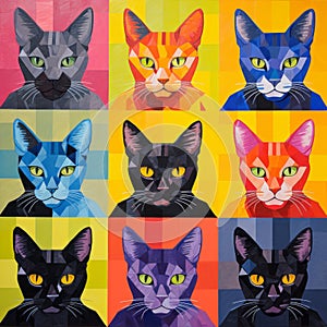 Colorful Cat Painting With Nine Cats In Cubist Style