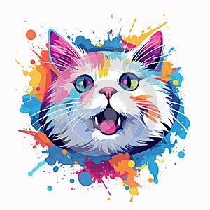 Colorful cat's face is shown with splash of paint on it
